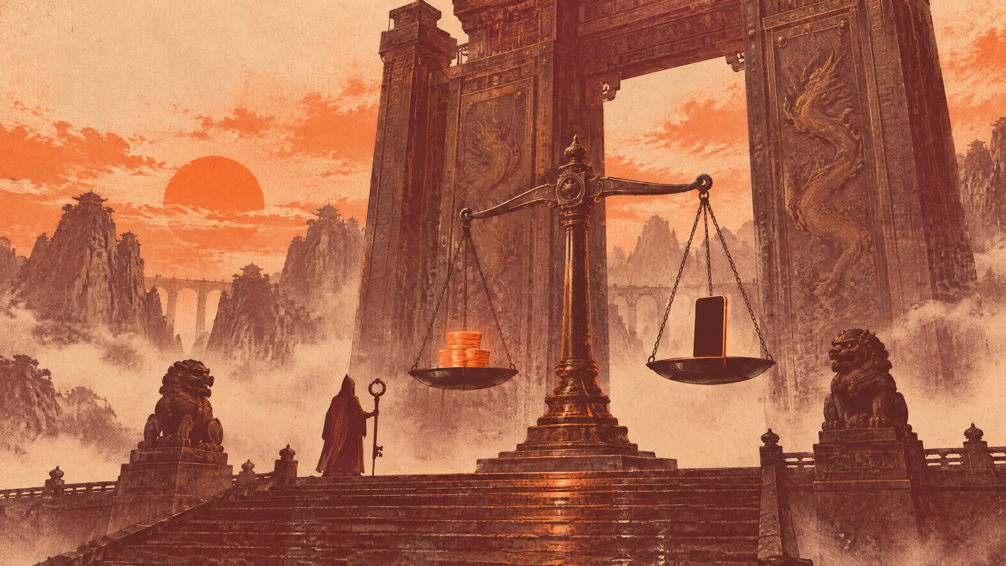 A robed guardian holding a key stands beside a giant balance scale weighing coins against a phone